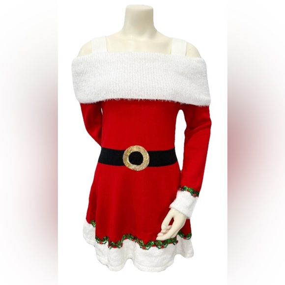 Holiday Time Off Shoulder Santa Sweater Dress M Red White Sequin Belt Christmas - Picture 1 of 9